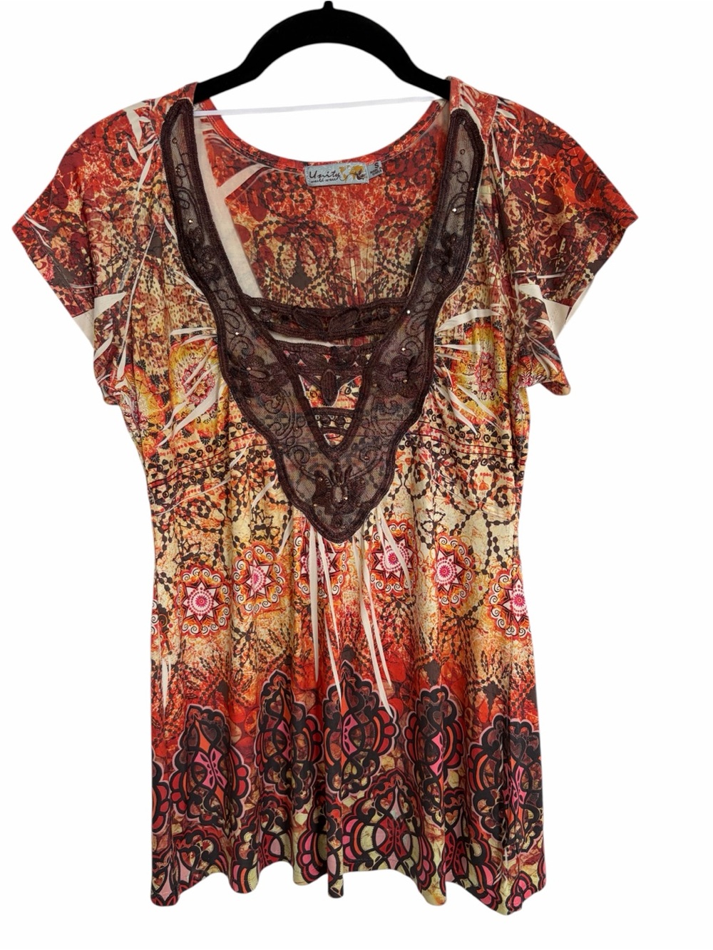 Unity World Wear Womens S Short Sleeve Top Brown Multicolor Printed Boho Lace